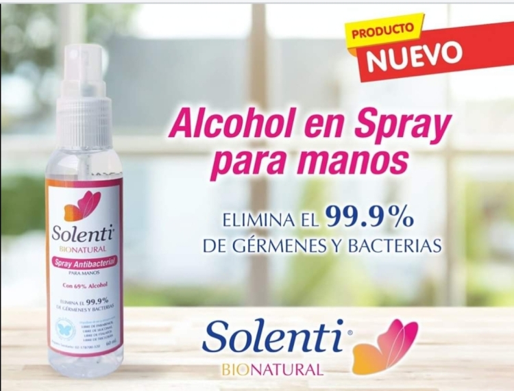 Nuevo Spray antibacterial Solenti! con un 69% de alcohol fabricación Bionatural! Disponible en Los Robles Comercial!